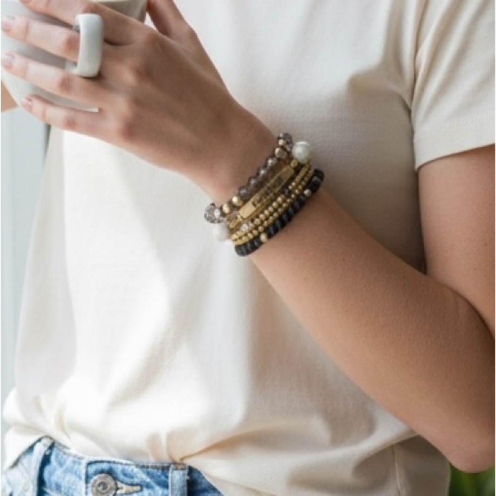 6/$25 - Pomina Gold & Black 'Faith' Beaded Stretch Bracelet Stack -(BJ111) - Picture 2 of 5